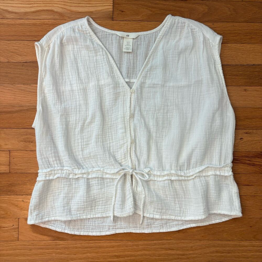 H&M 100% Cotton Top Blouse Airy White Beach Peasant Prairie Crinkle Gauze M